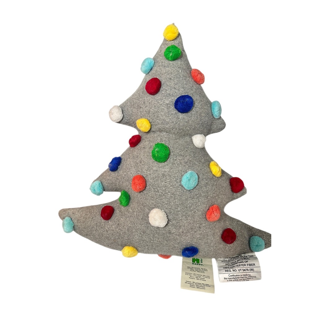 H for Happy Pom Pom Christmas Tree Throw Pillows Set of‎ 2 Gray Holiday Decor - Picture 4 of 5
